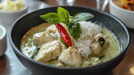 Thai Green Curry with Chicken and Jasmine Rice (8K) --ar 16:9 --v 6.1 Job ID: a9bfe06d-4934-48b5-97e4-744d6589e9c2