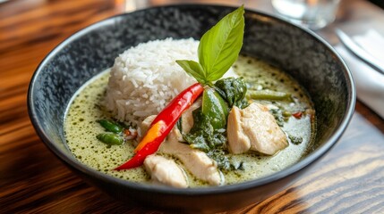 Thai Green Curry with Chicken and Jasmine Rice (8K) --ar 16:9 --v 6.1 Job ID: a9bfe06d-4934-48b5-97e4-744d6589e9c2
