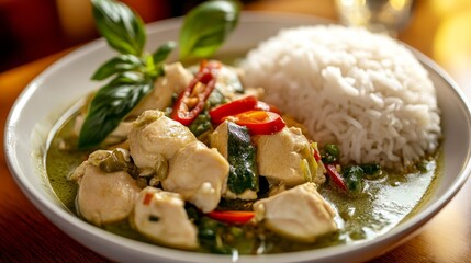 Thai Green Curry with Chicken and Jasmine Rice (8K) --ar 16:9 --v 6.1 Job ID: a9bfe06d-4934-48b5-97e4-744d6589e9c2