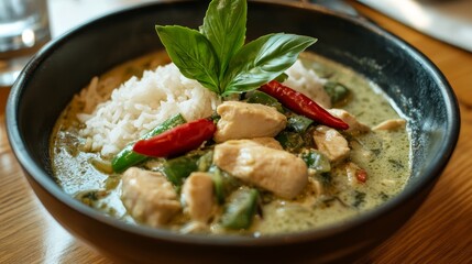 Thai Green Curry with Chicken and Jasmine Rice (8K) --ar 16:9 --v 6.1 Job ID: a9bfe06d-4934-48b5-97e4-744d6589e9c2