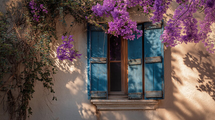 Charming weathered blue shutters on a rustic stone wall adorned with vibrant blooming purple wisteria flowers