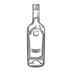 Classic wine bottle with long neck and blank label, drawn in vintage engraving style. Outline vector illustration for menu design, wine packaging, bar decor, or vineyard branding.