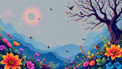 Colorful Stylized Landscape with Tree Flowers and Birds