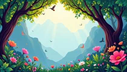 Vibrant Forest Scene with Blooming Flowers and Mountain View