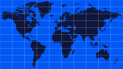 A minimalist world map, with the continents highlighted in dark against a bright blue ocean backdrop. The white coordinate grid lends a rigorous and scientific feel to the image, reminiscent of an