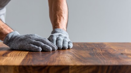 Craftsman wearing safety gloves working on wooden surface for carpentry and woodworking projects