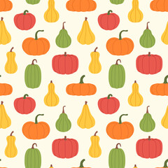 Seamless fall pattern with colorful pumpkins and gourds. Flat vector. For Thanksgiving, Halloween, autumn, harvest, wallpaper, printing, packaging, textile, kitchen, seasonal, festive, kids design.