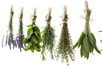 Vibrant lavender, mint, rosemary, thyme, sage bundles, tied with rustic twine, wooden clothespins, hang from clothesline in a soft-lit, transparent studio. Concept of organic wellness and traditional