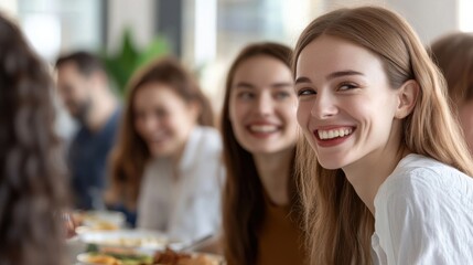 Obraz premium Joyful young woman enjoying meal with friends in bright cafe