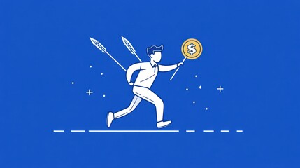 Man running with coin, spears in back, blue background, financial risk illustration