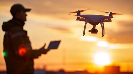 Naklejka premium Silhouette of a soldier operating drones for military combat and surveillance missions