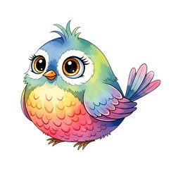 Fototapeta premium Adorable fluffy watercolor bird with big eyes and rainbow colors