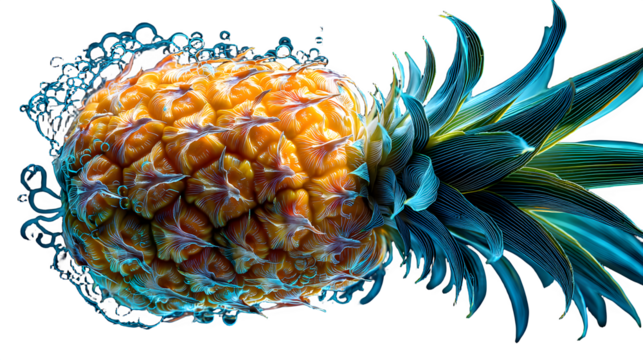 Vibrant pineapple with glowing blue abstract elements and water droplets, perfect for modern design