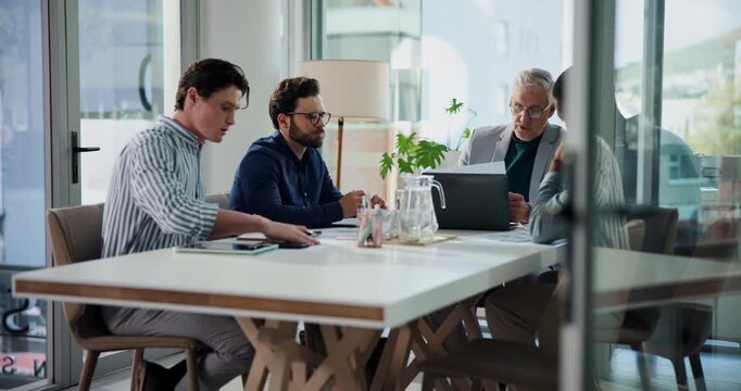 Business people, discussion or meeting with paperwork in conference room, CEO and project management. Employees, boss and task delegation with laptop, documents and notes for collaboration at company