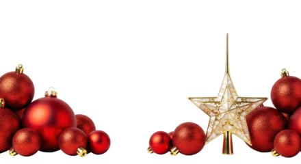 Vibrant red matte and glitter Christmas baubles with an elegant gold star tree topper, on a transparent studio background with 'Happy Holidays' text, concept for elegant holiday greeting