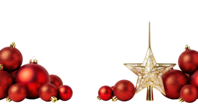Vibrant red matte and glitter Christmas baubles with an elegant gold star tree topper, on a transparent studio background with 'Happy Holidays' text, concept for elegant holiday greeting