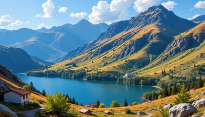 Serene Mountain Landscape with Blue Lake and Forest