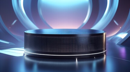 Futuristic dark round podium with light and reflection background