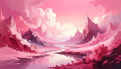 A whimsical, colorful landscape showcasing a serene river winding through a vibrant, pink fantasy mountain range.