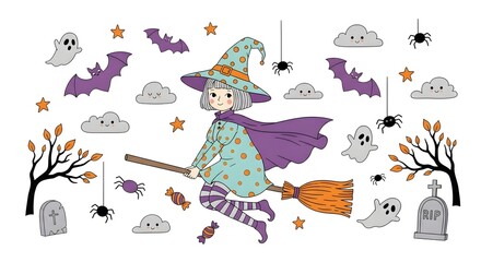 Cute witch flying on broomstick with halloween elements