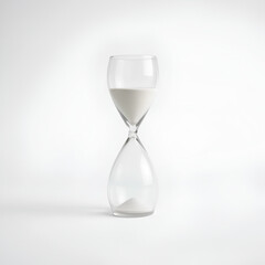 A sleek hourglass sits alone on a  white background, emphasizing its elegant design and timeless nature.