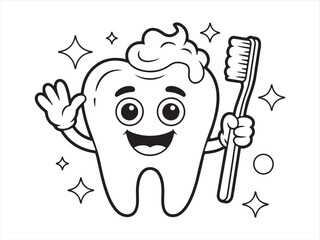 Cartoon tooth mascot holding toothbrush, line art black and white drawing for children’s dental health education
