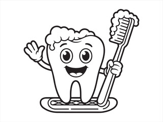 Cute cartoon tooth character with smiling face holding toothbrush and waving hand, dental hygiene illustration for kids coloring book, oral care education concept, line art style drawing