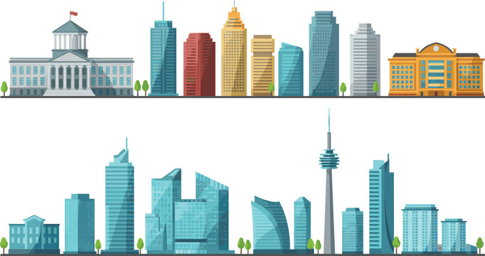 Modern and classical cityscape, urban skyline illustration, architectural diversity graphic, colorful buildings, tower and dome structures, city design clipart