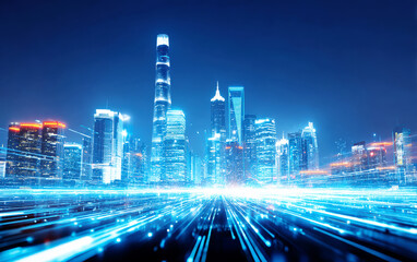 Fototapeta premium Modern city skyline with digital light trails showing urban technology