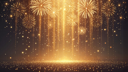 Golden fireworks exploding in the night sky