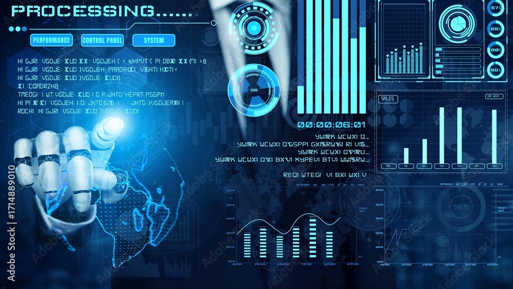 Poster ai artificial intelligence drives data analytics with predictive models, smart dashboards, and virtu