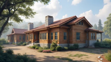 Cozy Wooden Lodge with Chimney in Nature Setting, Sunny Day