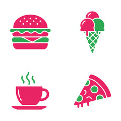 A collection of four colorful icons representing popular fast food items: a hamburger, an ice cream cone, a steaming cup of coffee, and a slice of pizza.