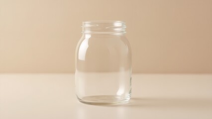 Empty clear glass mason jar on neutral surface, studio shot, no people.