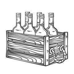 Wooden crate with six wine bottles in classic doodle engraving style. Outline vector illustration for wine packaging, winery branding, bar decor, or menu design.