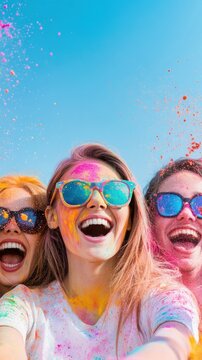 Joyful Friends Celebrating Color Festival with Bright Powder Splash