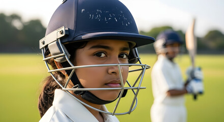 Close-up of a young female cricket player with a helmet