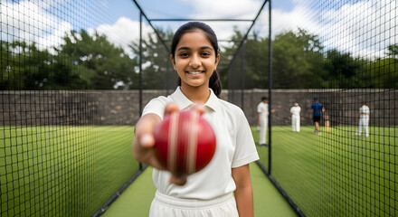 Smiling Young Girl Holding a Cricket Ball in the Nets
