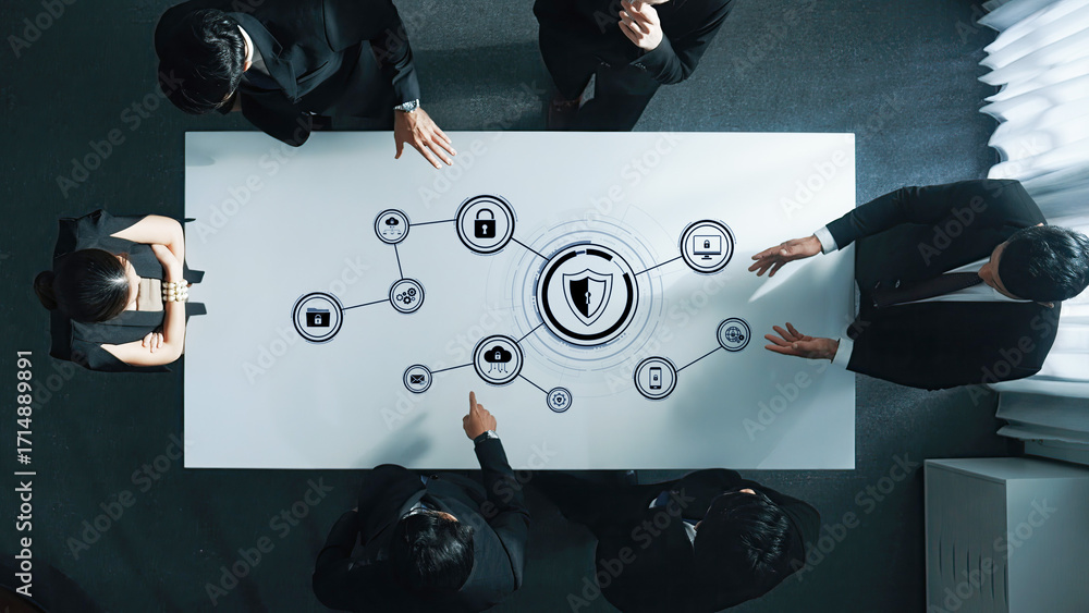 Poster a group of business professionals engage in a discussion on cybersecurity strategies, surrounded by 