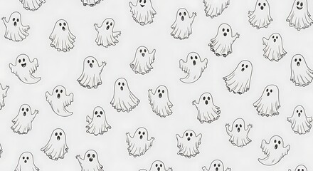Obraz premium A Whimsical Swarm of Hand-Drawn Cartoon Ghosts in a Seamless Monochrome Pattern.