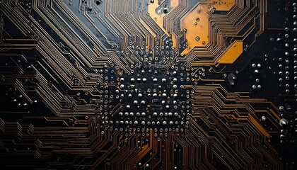 Close-up of a dark circuit board showing intricate gold-colored pathways, a square central component, and silver contact points. Focus is sharp and detailed