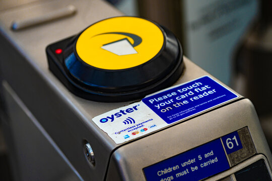 Oyster Card Contactless Payment Electronic Gate, Turnstile Yellow Card Reader, London Underground Station Gate, UK - September 2025