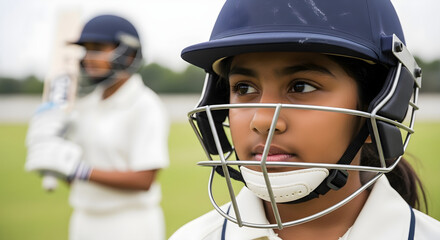 Close-up of a young female cricket player with a helmet