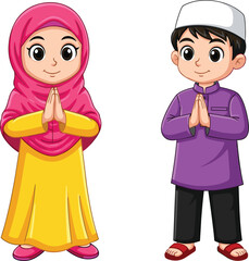 Cartoon children in cultural dress, respectful gesture, Islamic tradition, hijab and cap, diversity, prayer pose, religion, peace, unity, illustration
