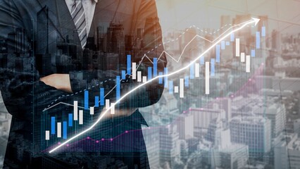 Businessman Standing Confidently with Financial Growth Graph Over City Skyline Depicting Prosperity, Success, and Economic Development in Stock Market Copula