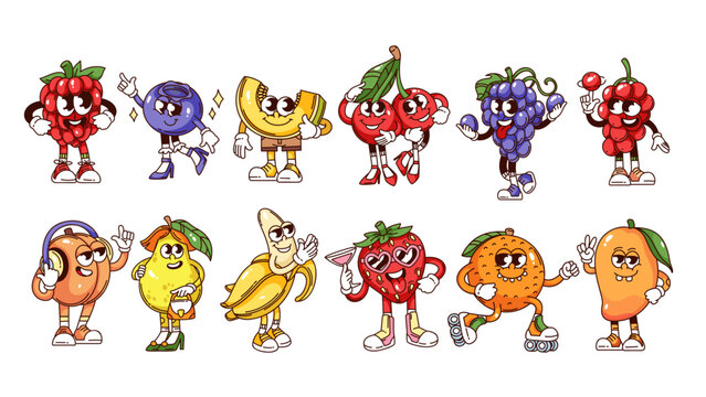 Naklejki Groovy fruit and berry cartoon characters set. Funny retro raspberry blueberry cherry mango orange strawberry banana. Fruit mascot, cartoon stickers collection of 70s 80s style vector illustration