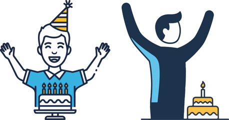 Joyful Icons of People Celebrating Birthday with Cakes and Party Hats