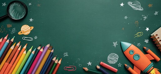 Green chalkboard background with colorful pencils, paper clips, and rocket illustration symbolizing back-to-school season, children’s education, and creative learning activities concept