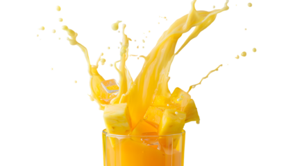 Dynamic orange juice splash frozen in time erupting from a glass isolated on transparent background
