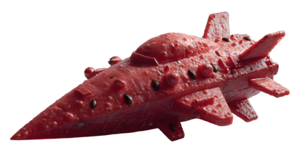 Vibrant red alien spaceship model with textured surface and dark seed-like details for sci-fi projects